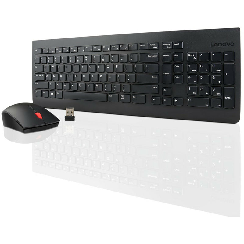 Side angle view of Lenovo wireless keyboard and mouse combo showing slim profile and ergonomic design