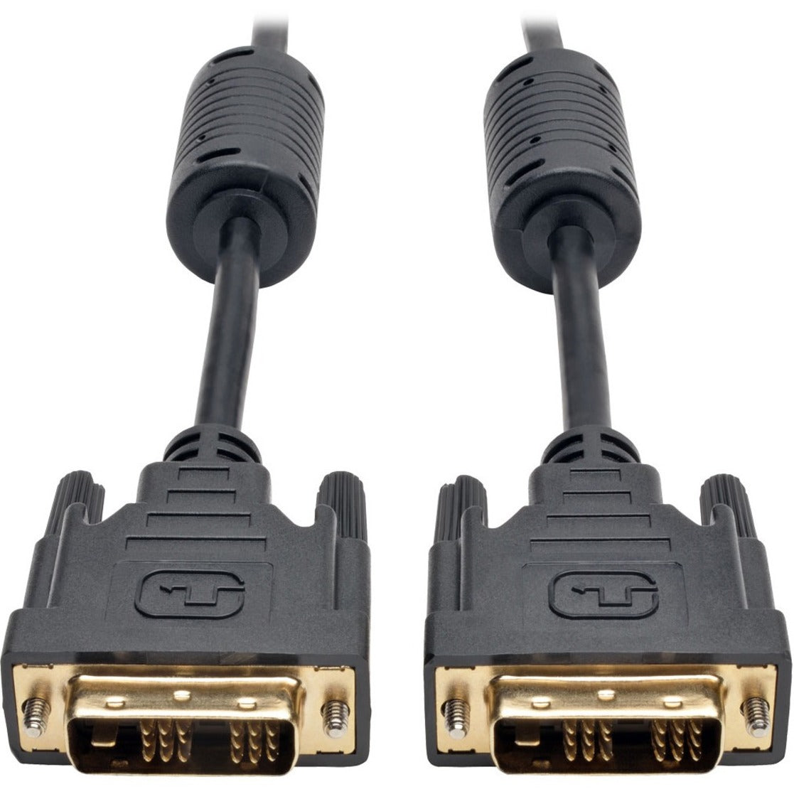 Close-up of gold-plated DVI-D connectors with molded strain relief on Tripp Lite P561-020 cable-alternate-image1