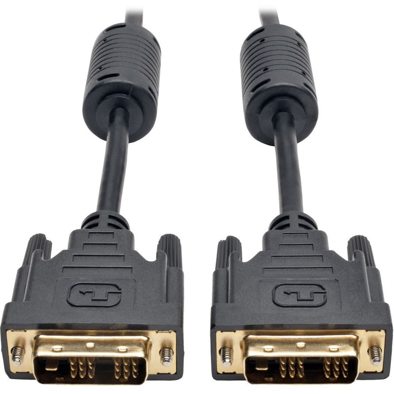 Close-up of gold-plated DVI-D connectors with molded strain relief on Tripp Lite P561-020 cable