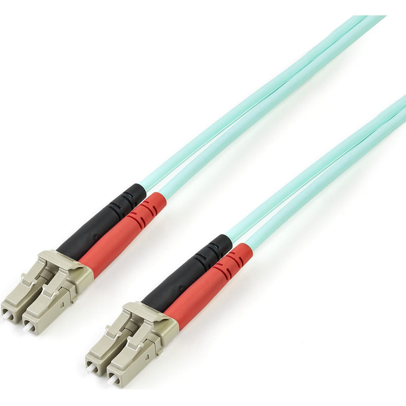 StarTech.com OM4 fiber optic cable with LC connectors showing dual-channel design and aqua cable jacket