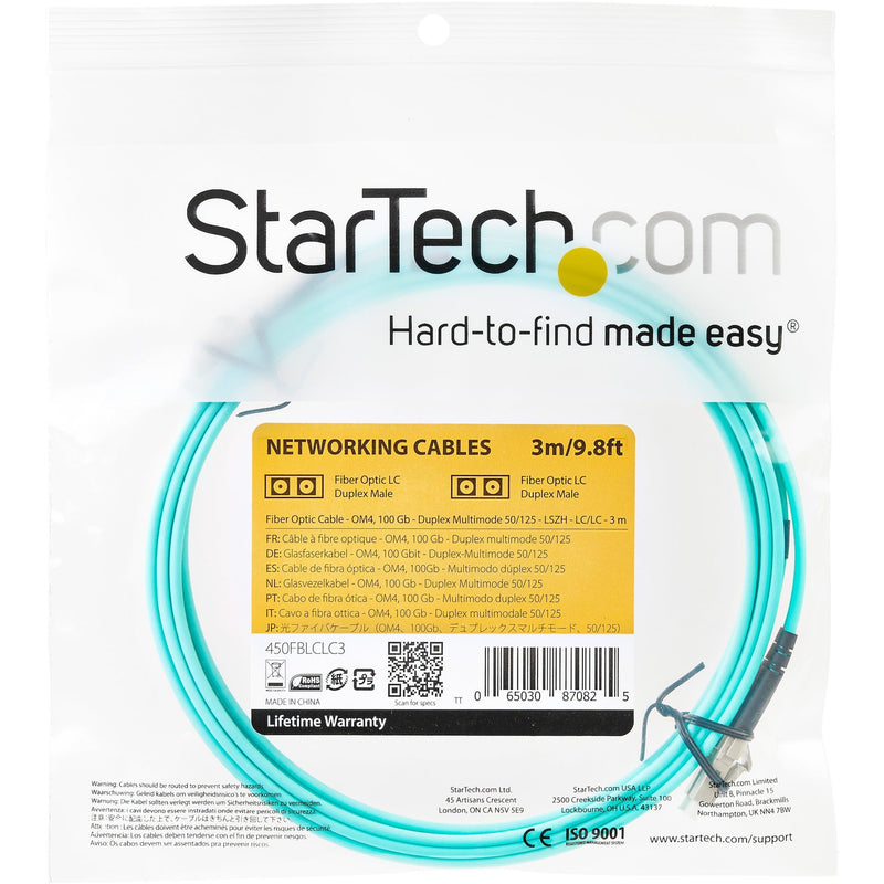 StarTech.com fiber optic cable retail packaging showing specifications and warranty information