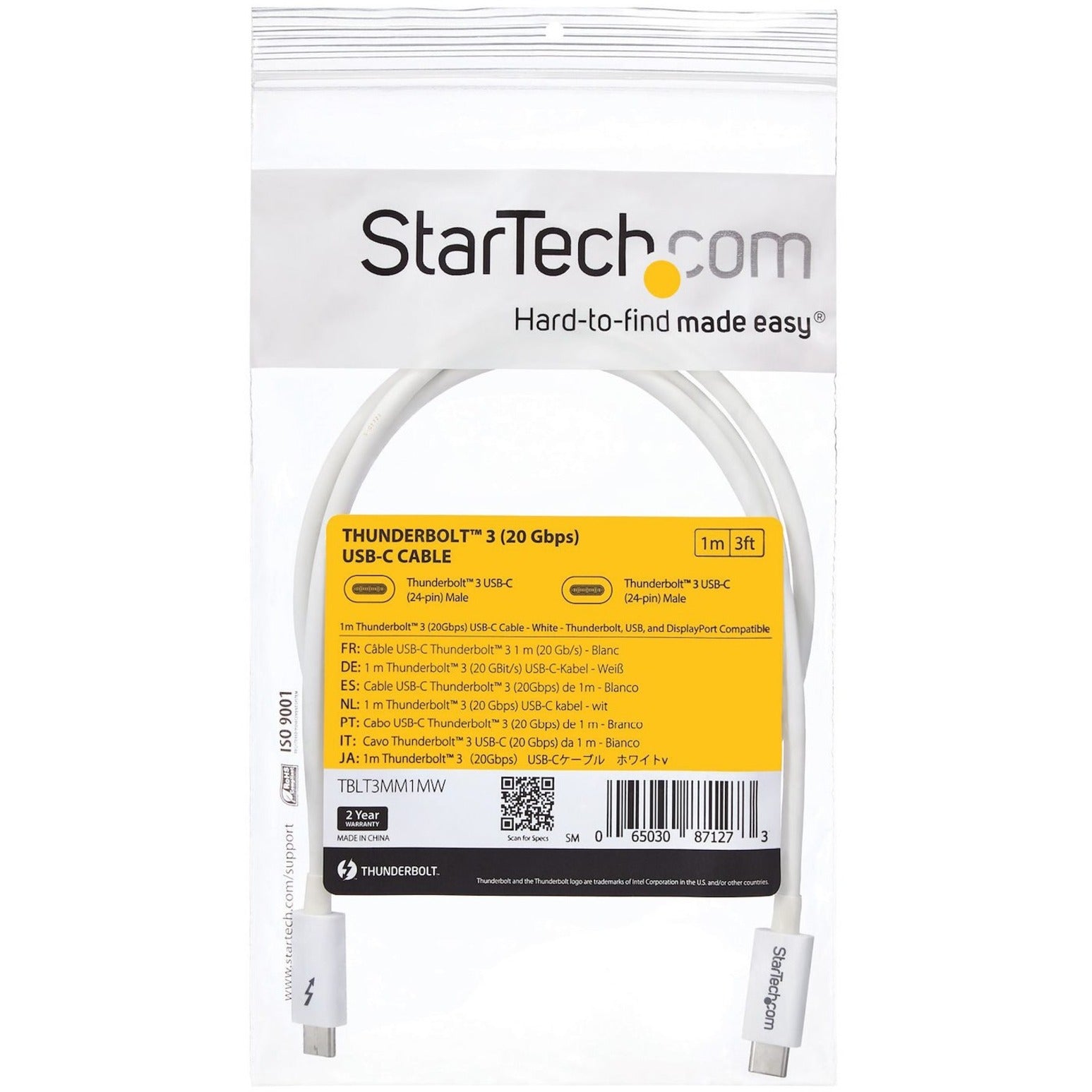 StarTech.com TBLT3MM1MW 1m 썬더볼트 3 케이블 - 20Gbps 화이트 썬더볼트 / USB-C / 디스플레이포트 호환