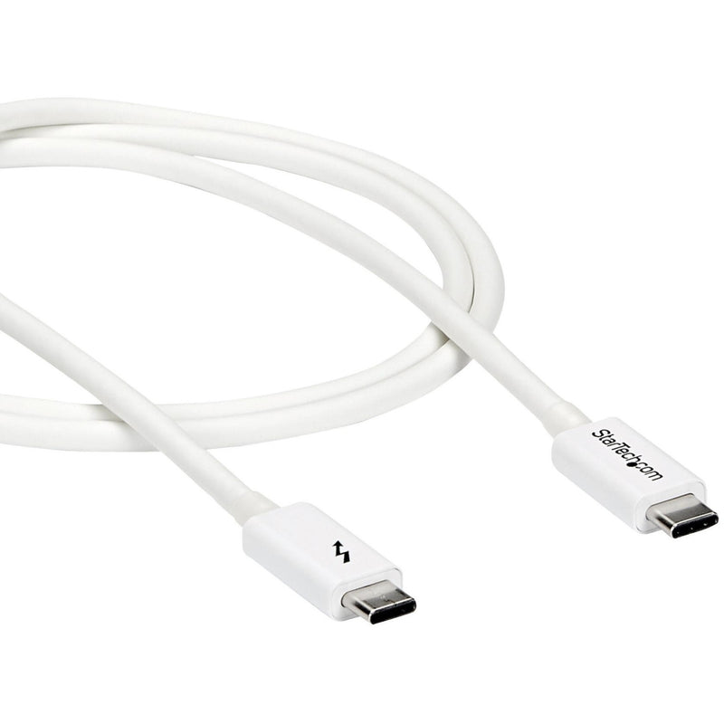 Coiled white Thunderbolt 3 cable showing flexibility and length