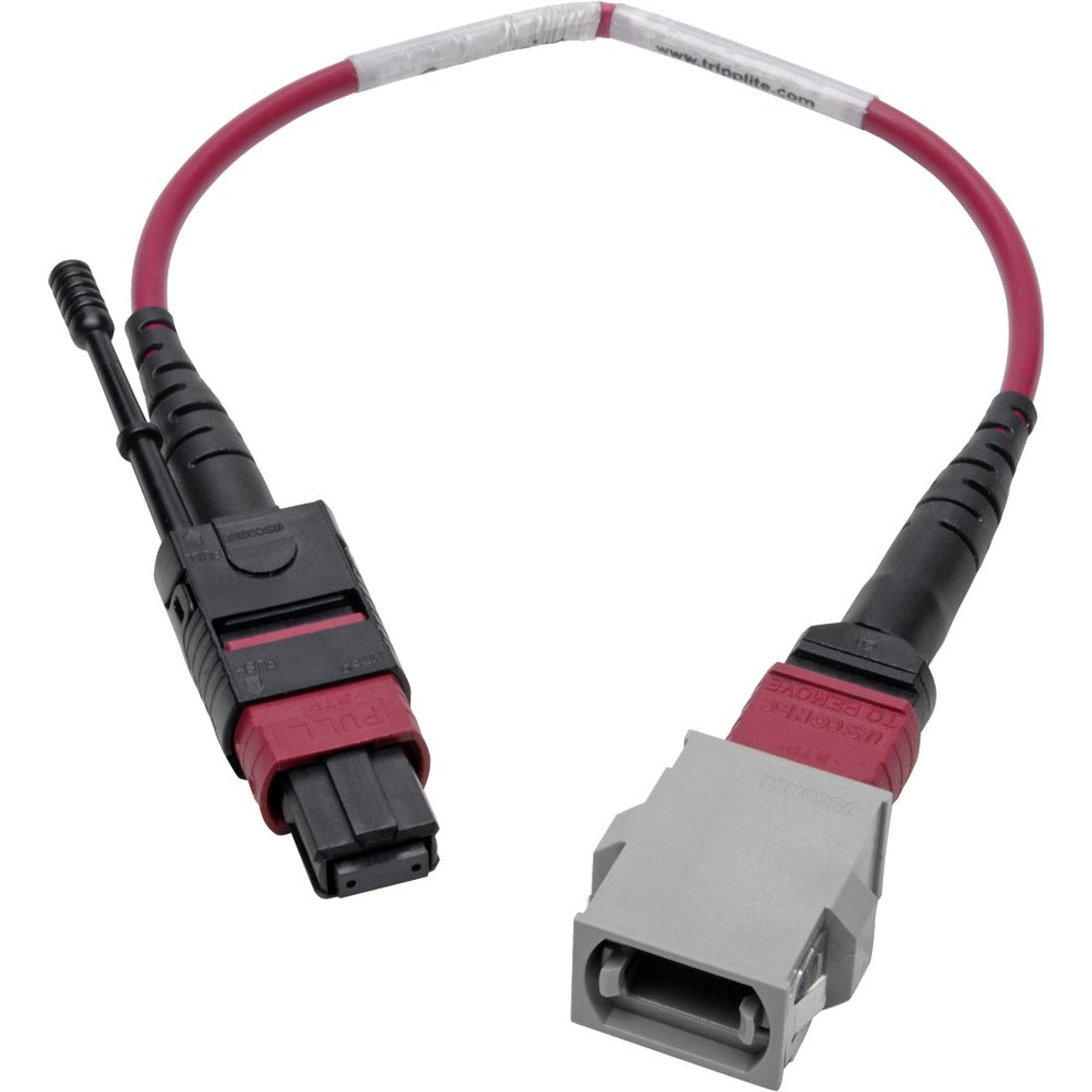 Full view of N846-08N-A2B fiber optic cable with magenta jacket and black connectors-alternate-image1