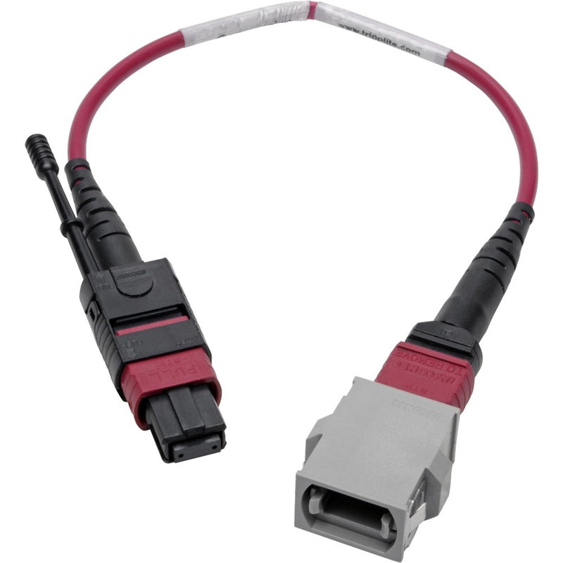 Full view of N846-08N-A2B fiber optic cable with magenta jacket and black connectors