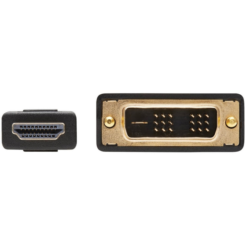 Detailed view of HDMI and DVI connector interfaces on Tripp Lite cable