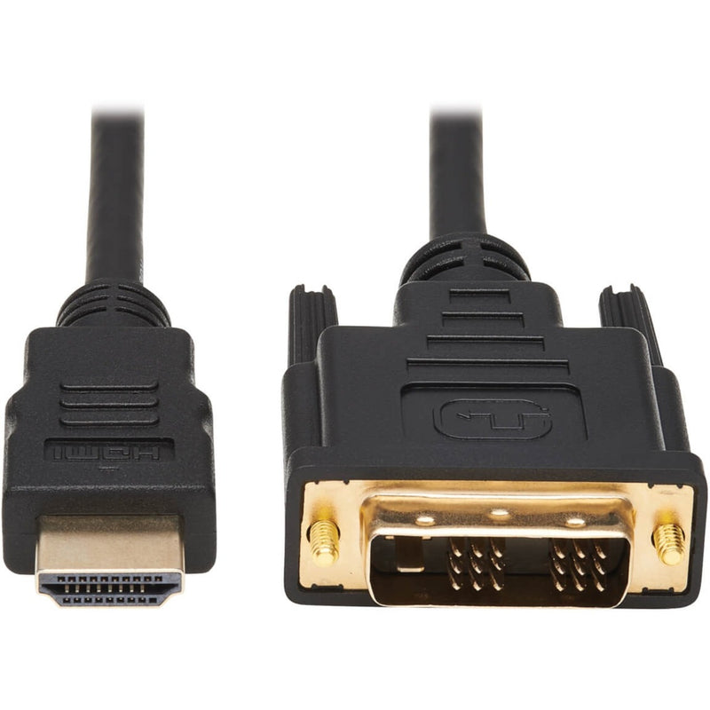 Close-up view of HDMI and DVI gold-plated connectors on Tripp Lite P566-010 cable