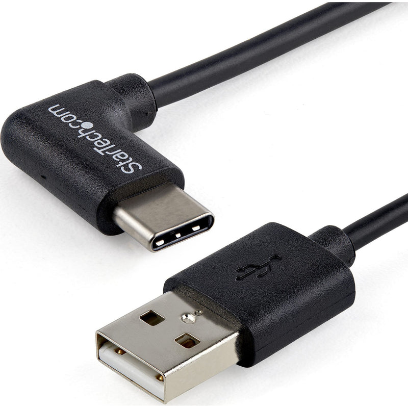 Close-up view of StarTech.com USB-A to right-angle USB-C cable connectors showing both ends