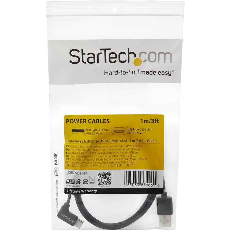 Retail packaging of StarTech.com USB-A to USB-C cable showing product specifications and warranty information