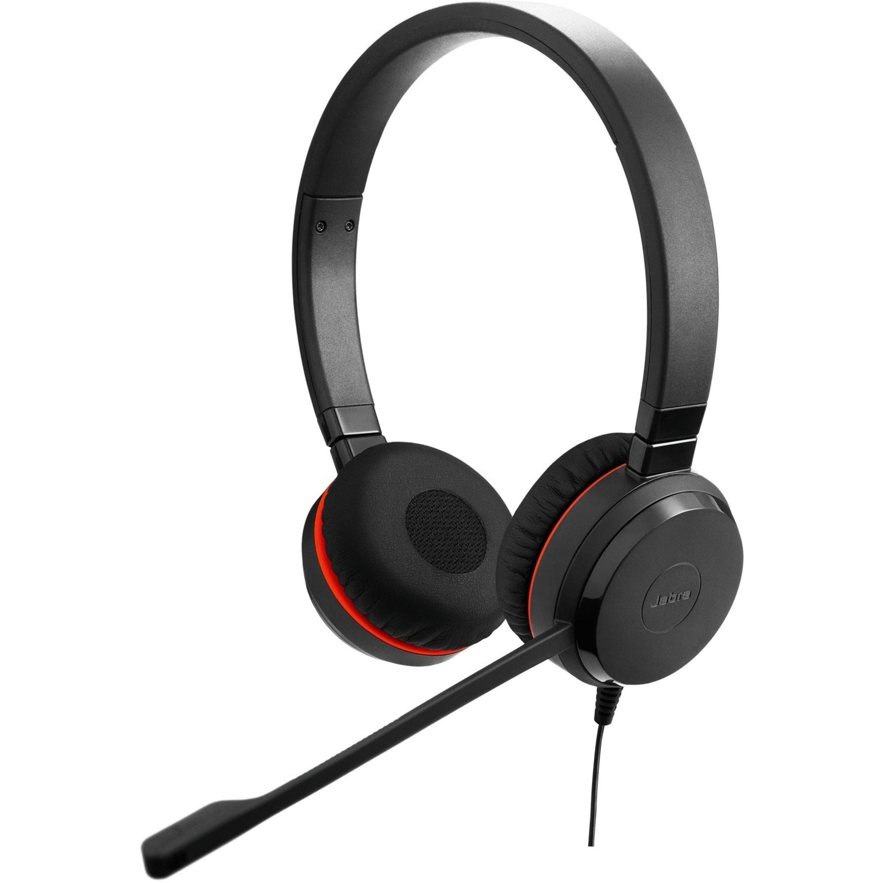 Jabra Evolve 30 II stereo headset with boom microphone shown from front angle, featuring black design with red accent ring-alternate-image1