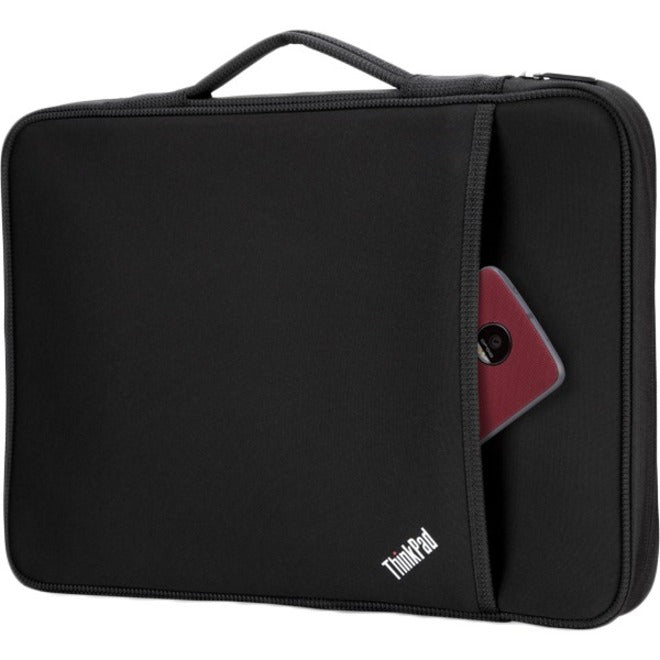 Side view of ThinkPad sleeve showing accessory pocket with red device visible