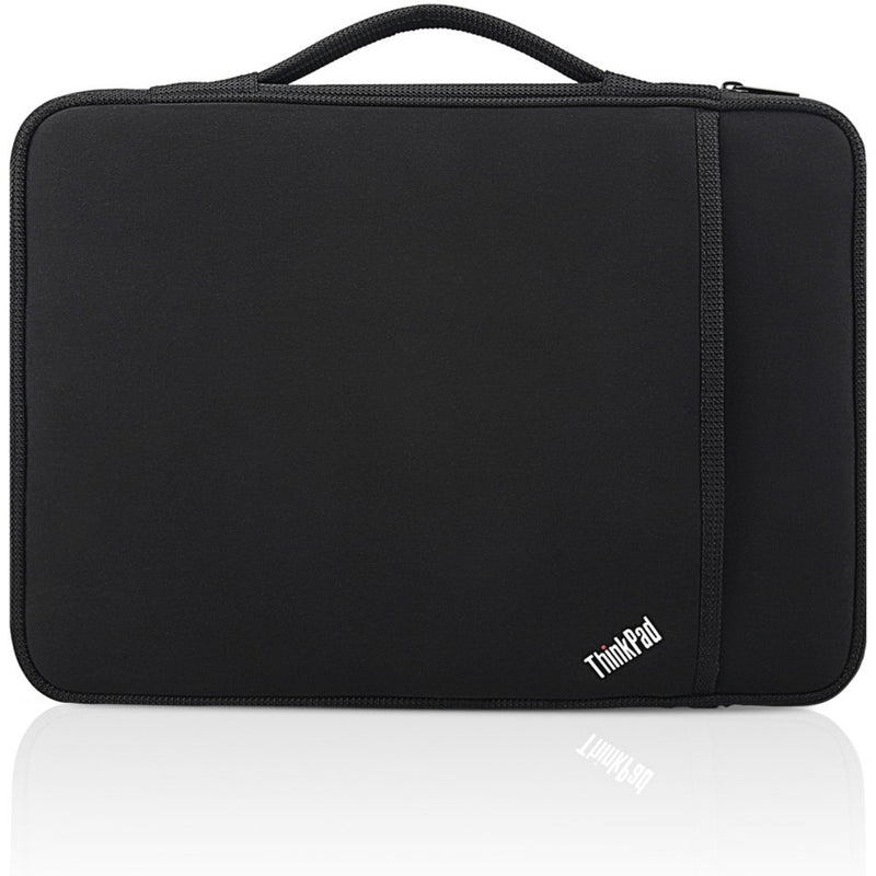 Front view of black ThinkPad 14-inch laptop sleeve with handle and ThinkPad logo