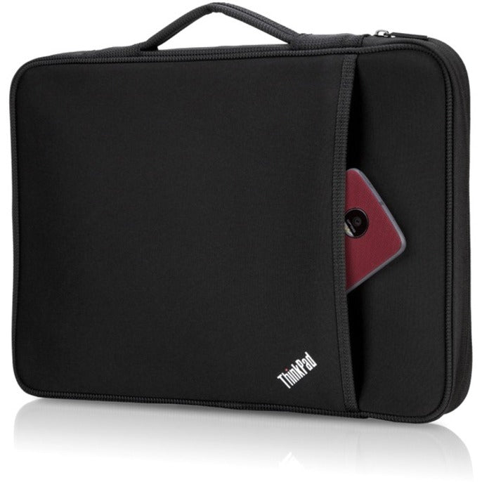 Side view of ThinkPad sleeve showing exterior pocket with red smartphone partially visible