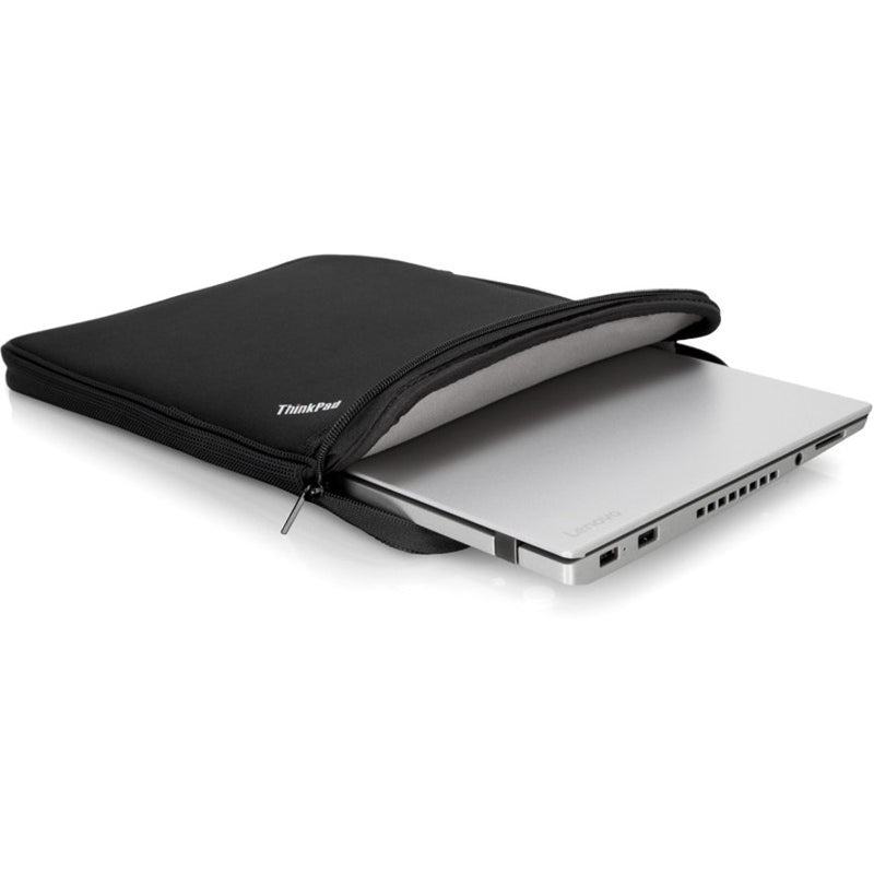 ThinkPad sleeve partially unzipped showing laptop insertion and protective padding