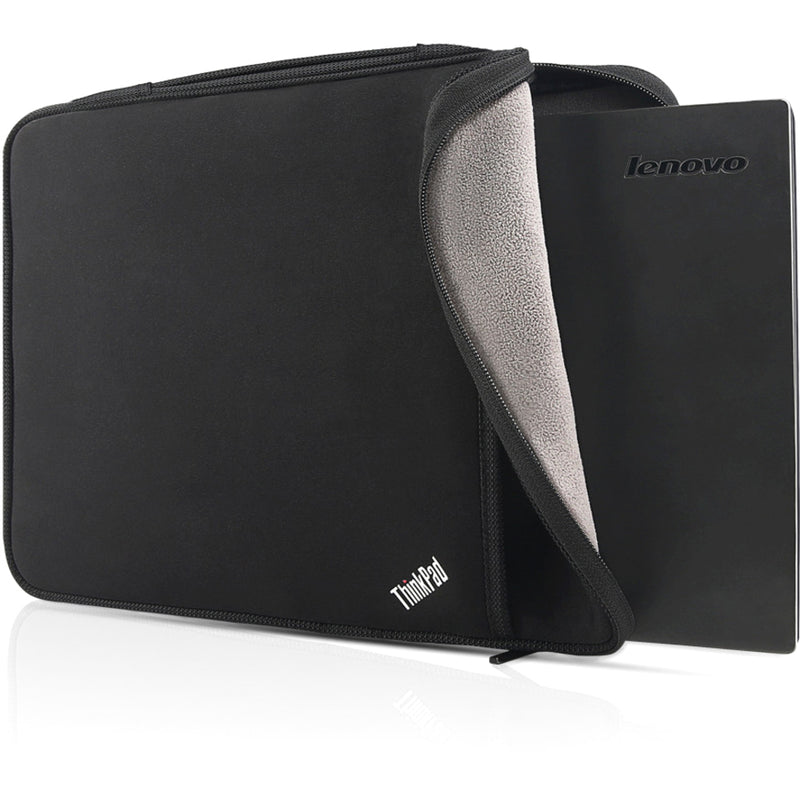 ThinkPad sleeve shown open with laptop partially inserted, displaying interior lining