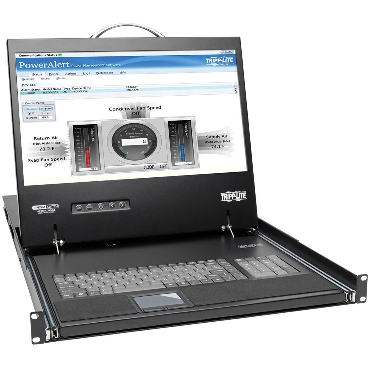 Tripp Lite NetCommander KVM console showing PowerAlert management interface on 19-inch LCD display with keyboard and touchpad-alternate-image1