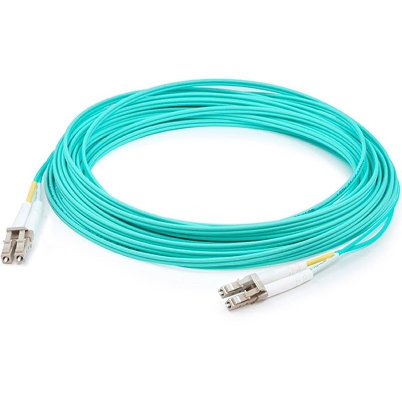 15-meter aqua OM4 fiber optic patch cable with LC connectors on both ends, coiled to show full length and connector detail