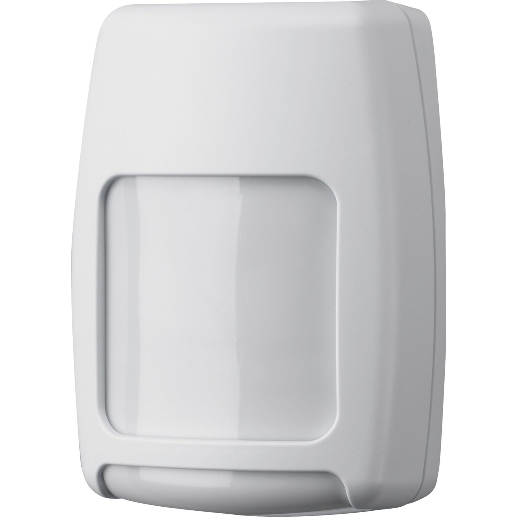 Angled view of Honeywell Home 5800PIR-COM motion sensor displaying mounting features and curved design elements-alternate-image2