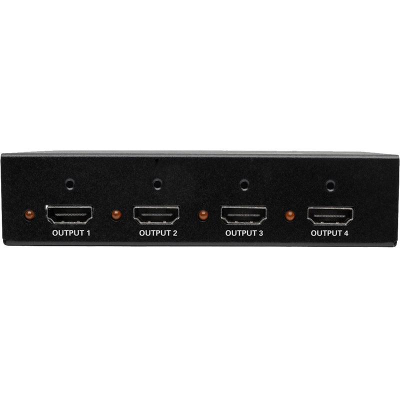 Rear view of HDMI splitter showing four output ports labeled Output 1 through 4