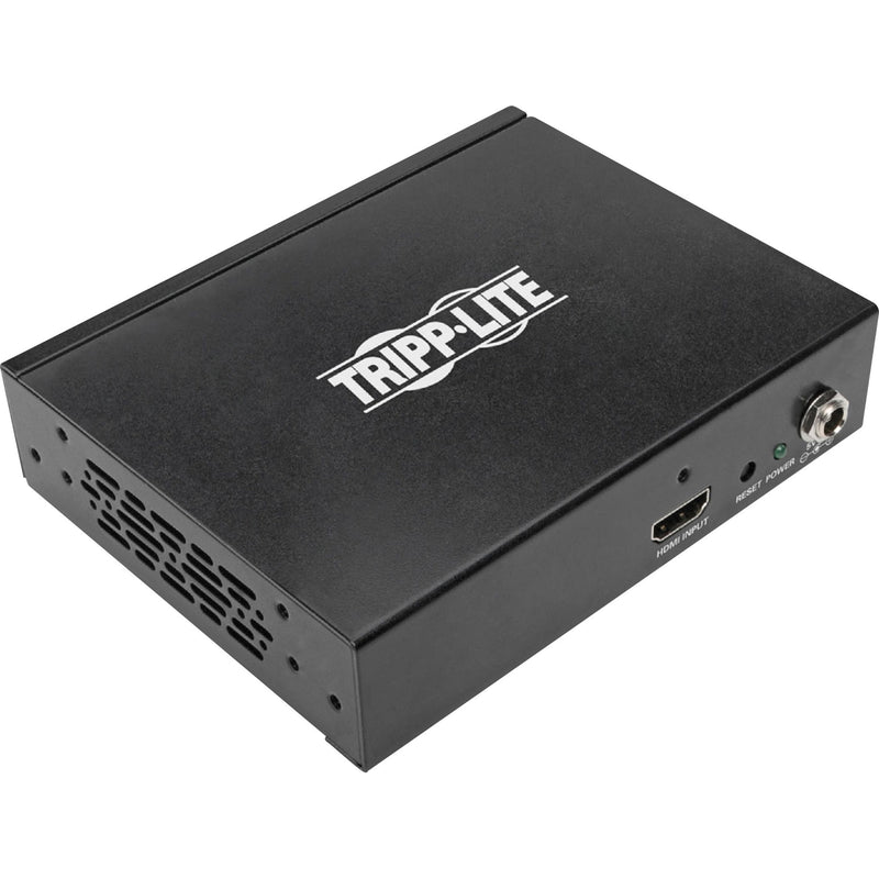 Front angled view of Tripp Lite 4-port HDMI splitter showing ventilation grills and input port