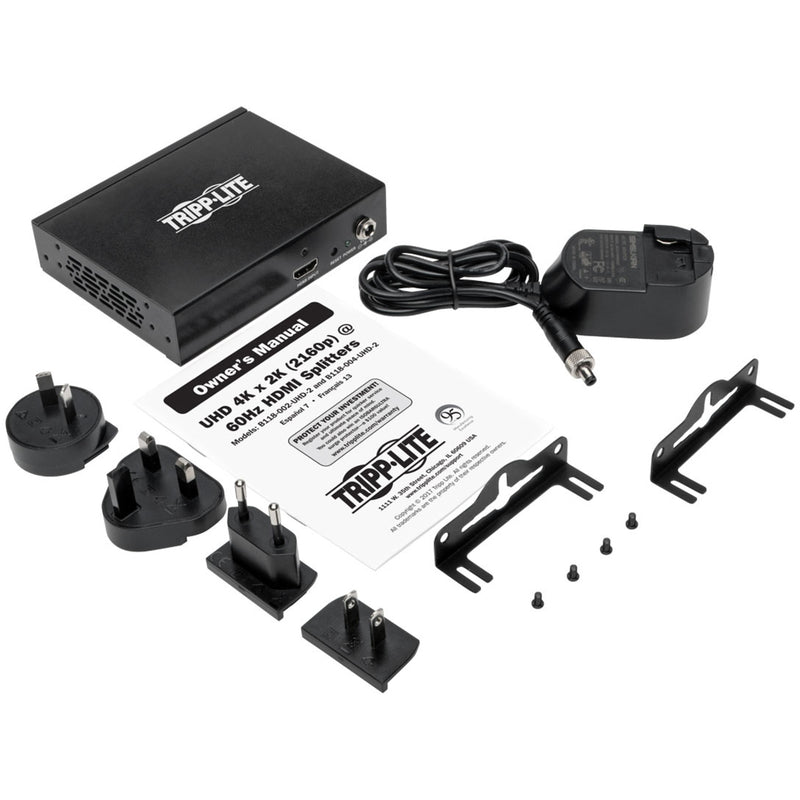 Complete package contents of HDMI splitter including power adapters, mounting hardware, and manual