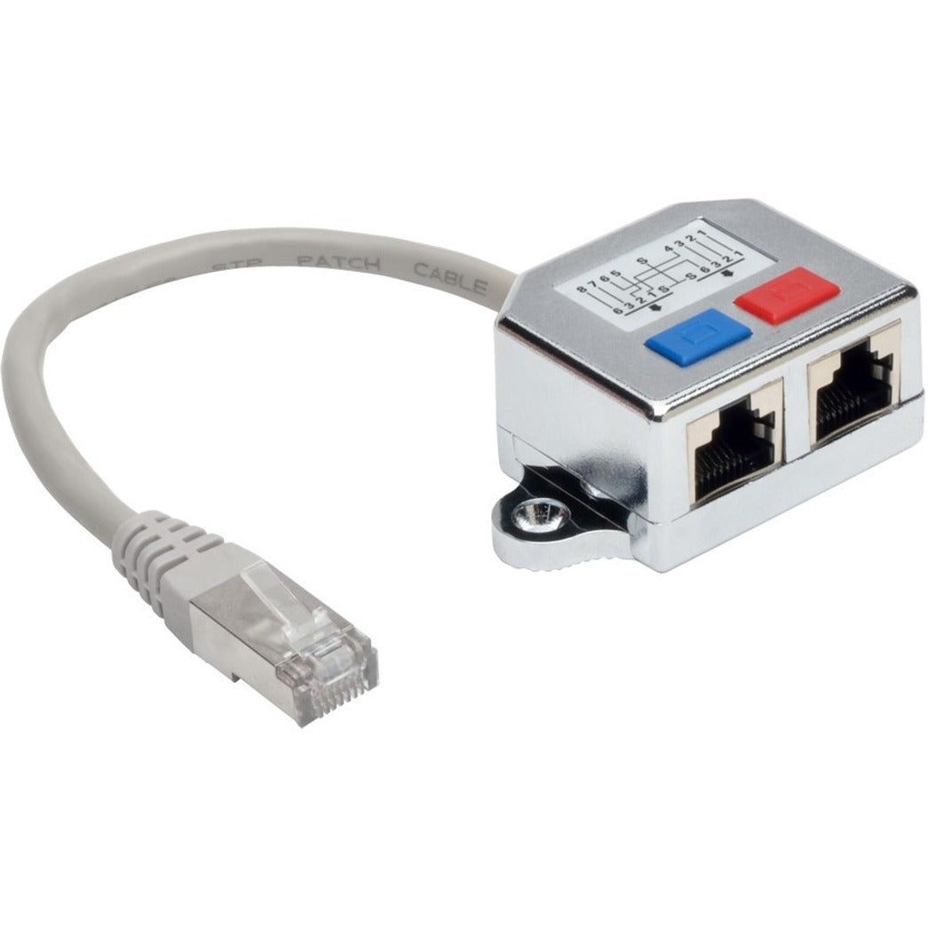 Tripp Lite N035-001 RJ45 splitter adapter showing male connector, metallic housing with two female ports, and wiring diagram-alternate-image1