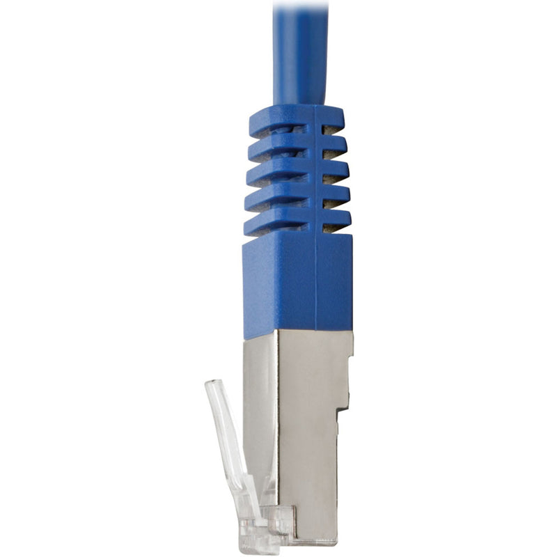 Side profile of blue Cat5e cable connector showing ribbed strain relief boot design