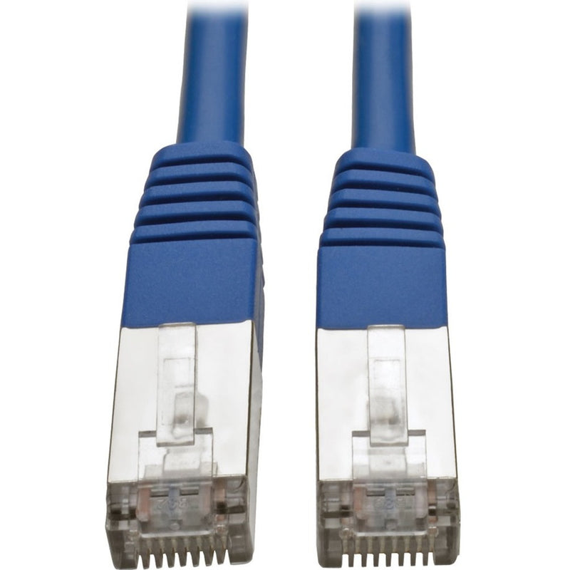 Close-up of blue Cat5e cable showing molded strain relief and RJ45 connectors