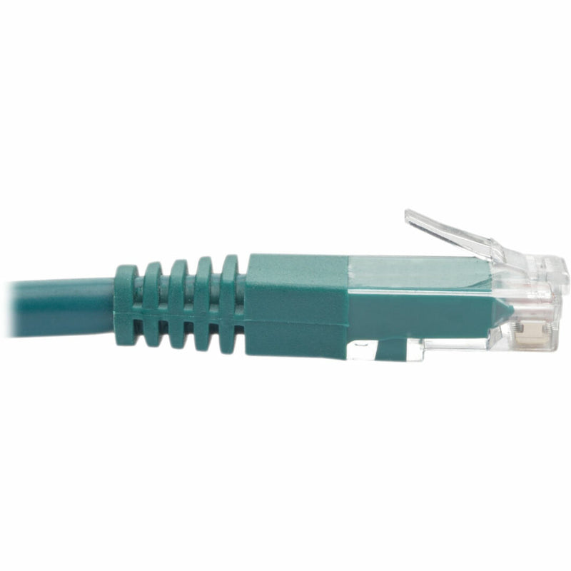 Side profile of green ethernet cable connector showing strain relief design