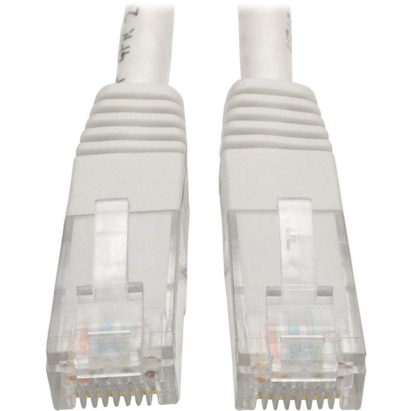 Close-up view of white RJ-45 connectors with gold-plated pins and strain relief design