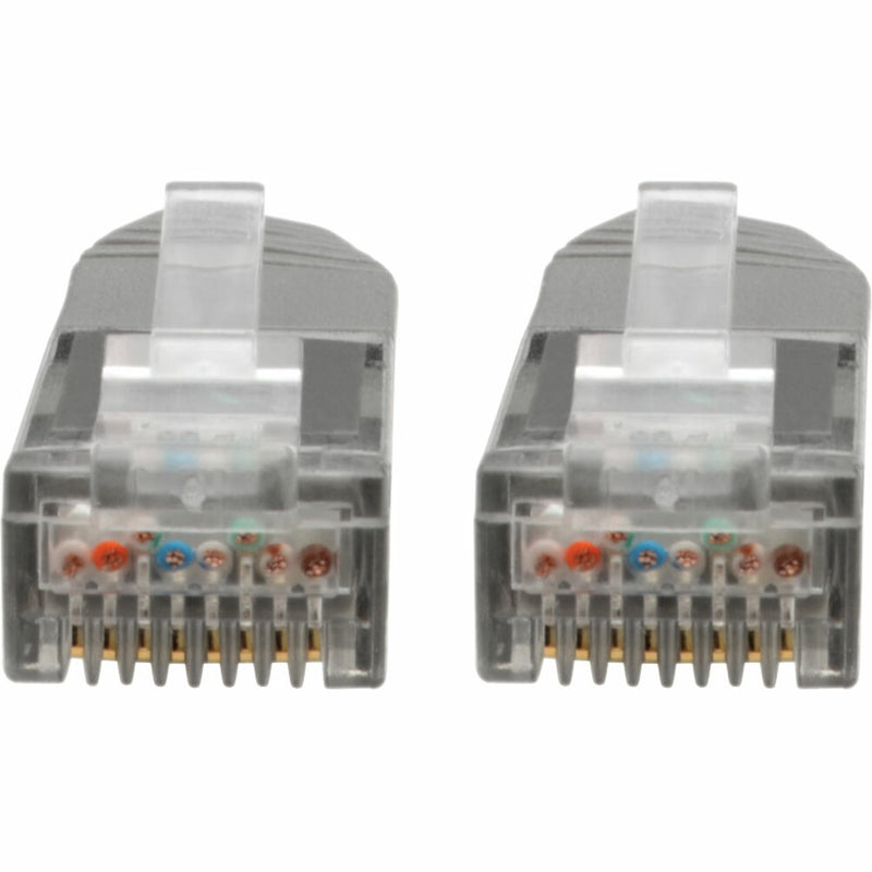 Detailed view of RJ45 connector pins showing internal wire arrangement and color coding