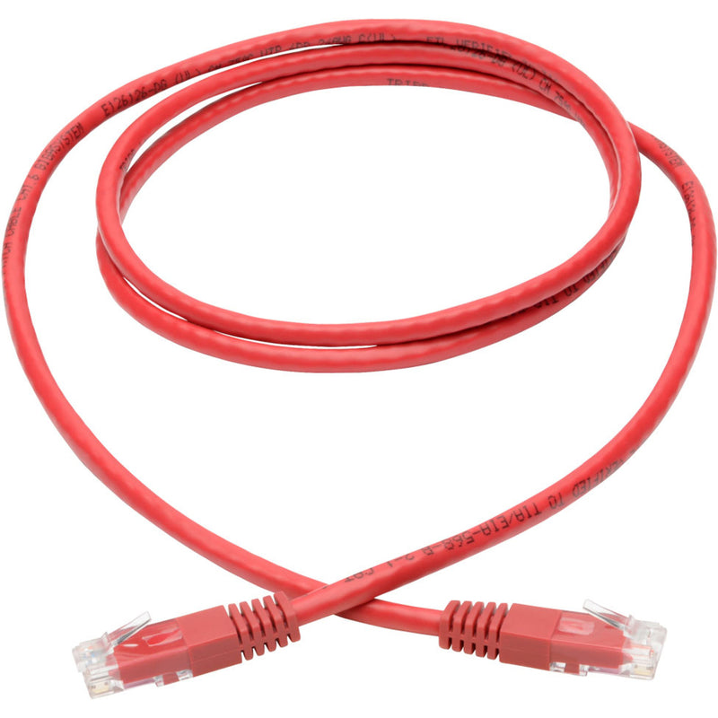 Full length view of red Cat6 network cable showing flexibility and red PVC jacket