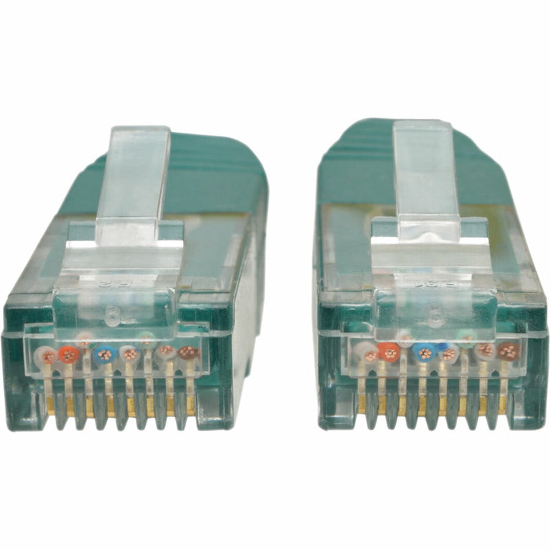 Detailed view of RJ45 connector pins showing eight-pin configuration and internal wiring