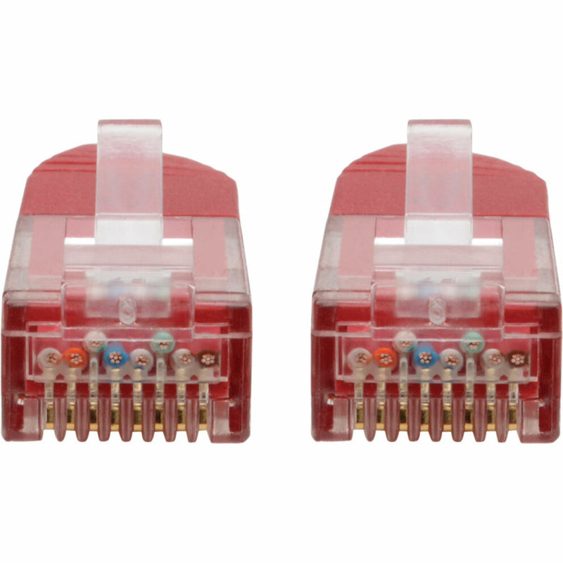 Detailed front view of RJ45 connector pins showing internal wiring configuration