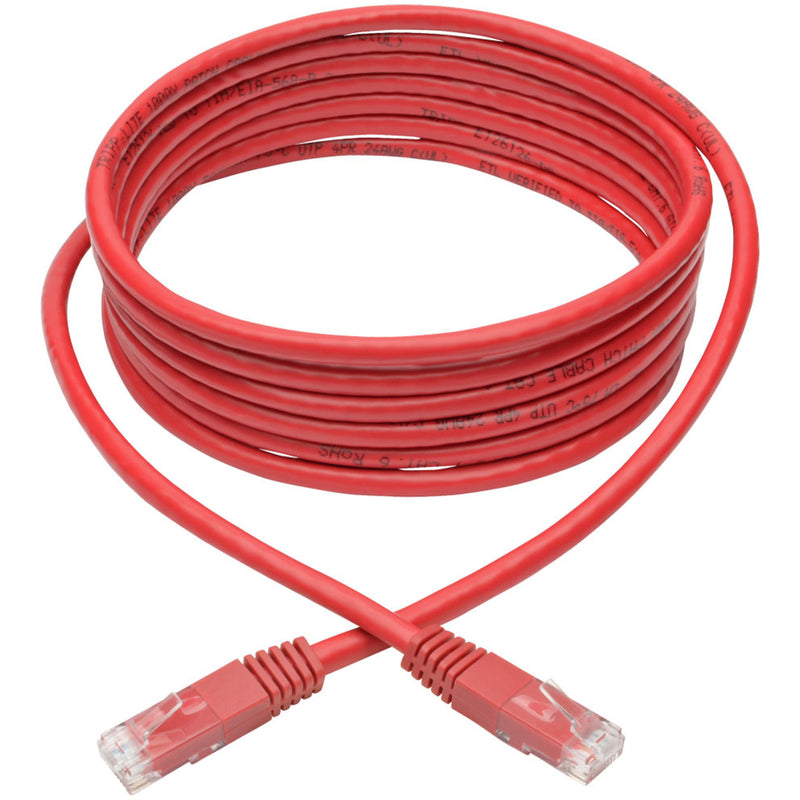 Full length view of red Cat6 network cable coiled to show flexibility and length