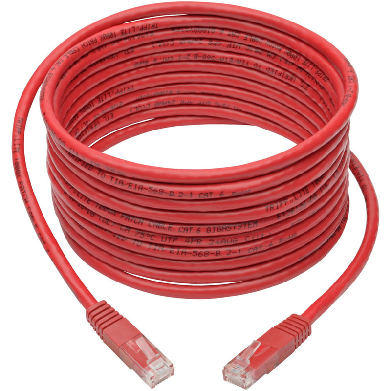 Full length view of coiled red Cat6 network cable showing flexibility and length