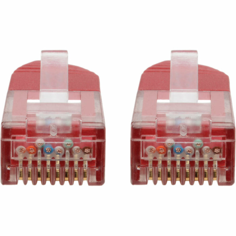 Detailed view of RJ45 connector pins showing internal wire arrangement