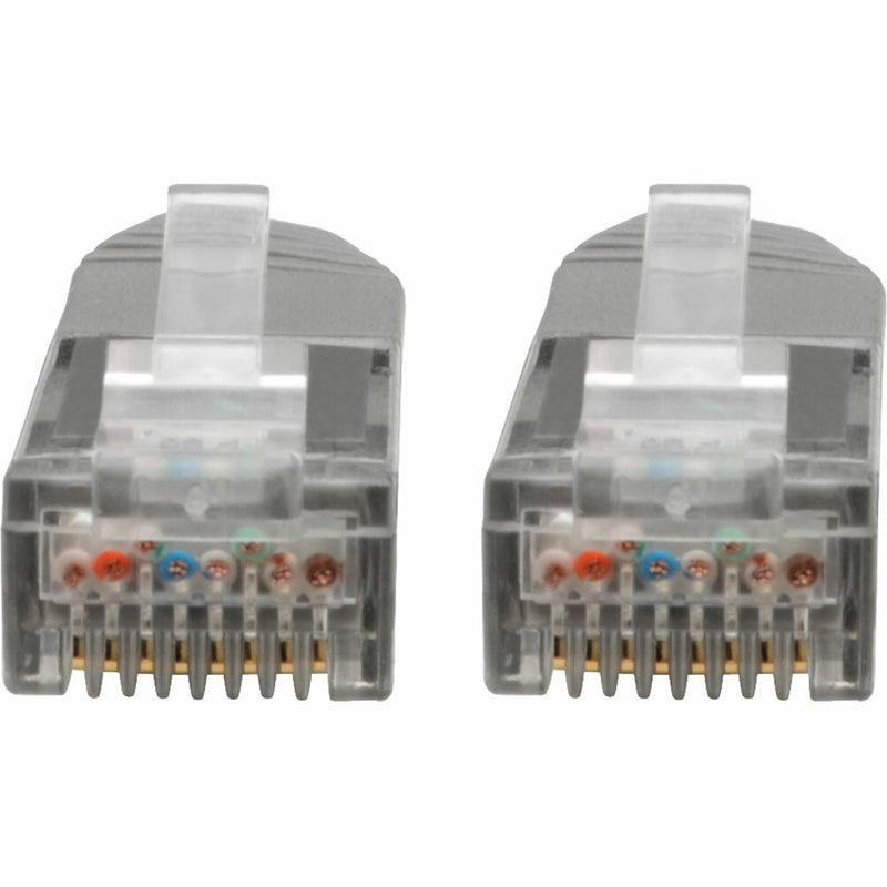 Detailed front view of RJ45 connector pins showing internal wiring and contact arrangement