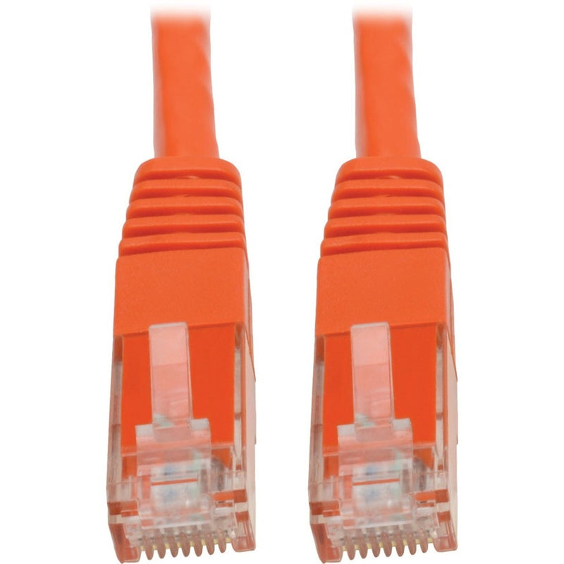 Close-up view of orange Cat6 ethernet cable RJ-45 connectors with strain relief boots