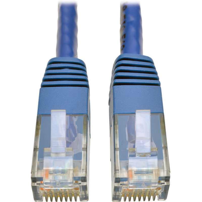 Close-up view of two blue RJ45 connectors with gold-plated contacts and transparent housing showing internal wiring