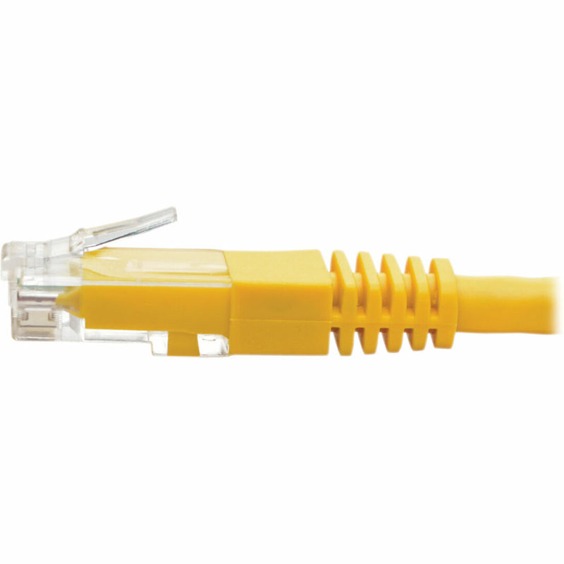 Close-up of RJ45 connector locking tab and strain relief on yellow network cable