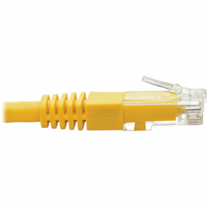 Side profile of yellow network cable connector showing strain relief boot design