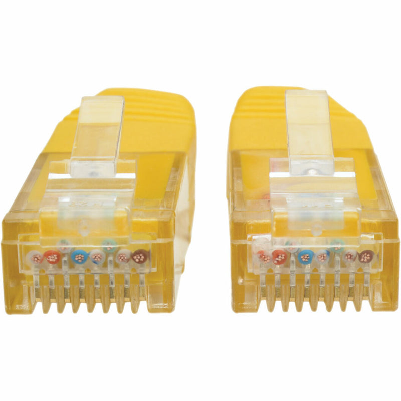 Detailed view of RJ45 connector pins showing color-coded wiring and transparent housing