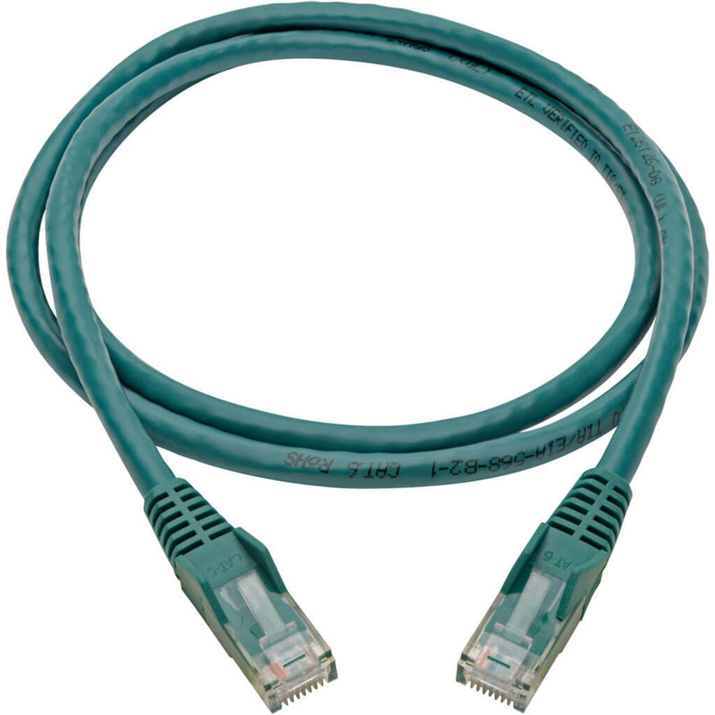 Full length view of 4-foot green Cat6 ethernet cable showing flexible design and snagless connectors