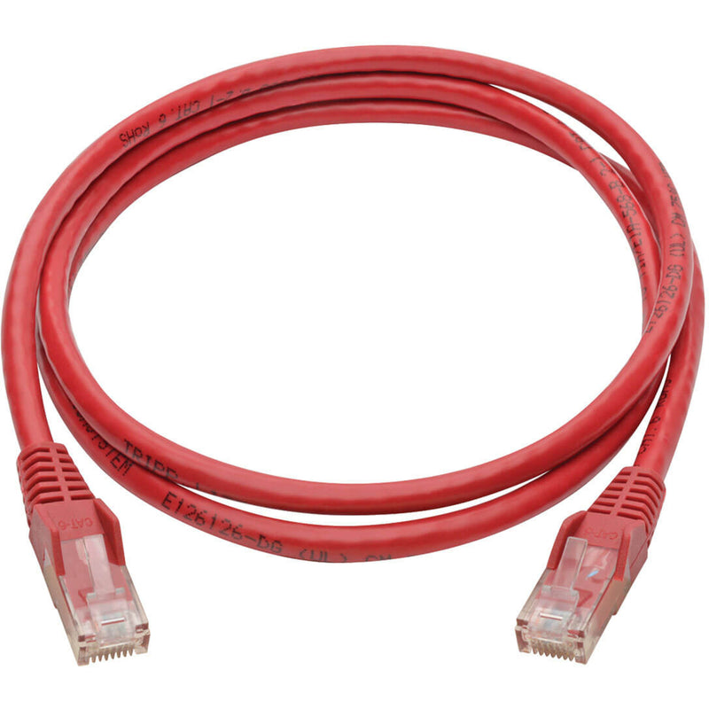 Full length view of 4-foot red Cat6 network patch cable with RJ45 connectors