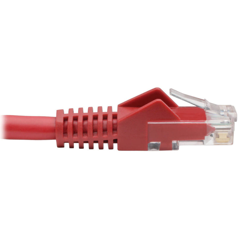 Side profile of red Cat6 cable connector showing strain relief boot design