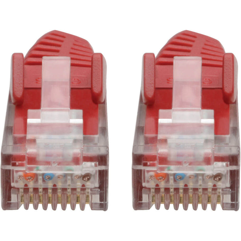 Detailed view of RJ45 connector pin layout showing gold-plated contacts and wire arrangement