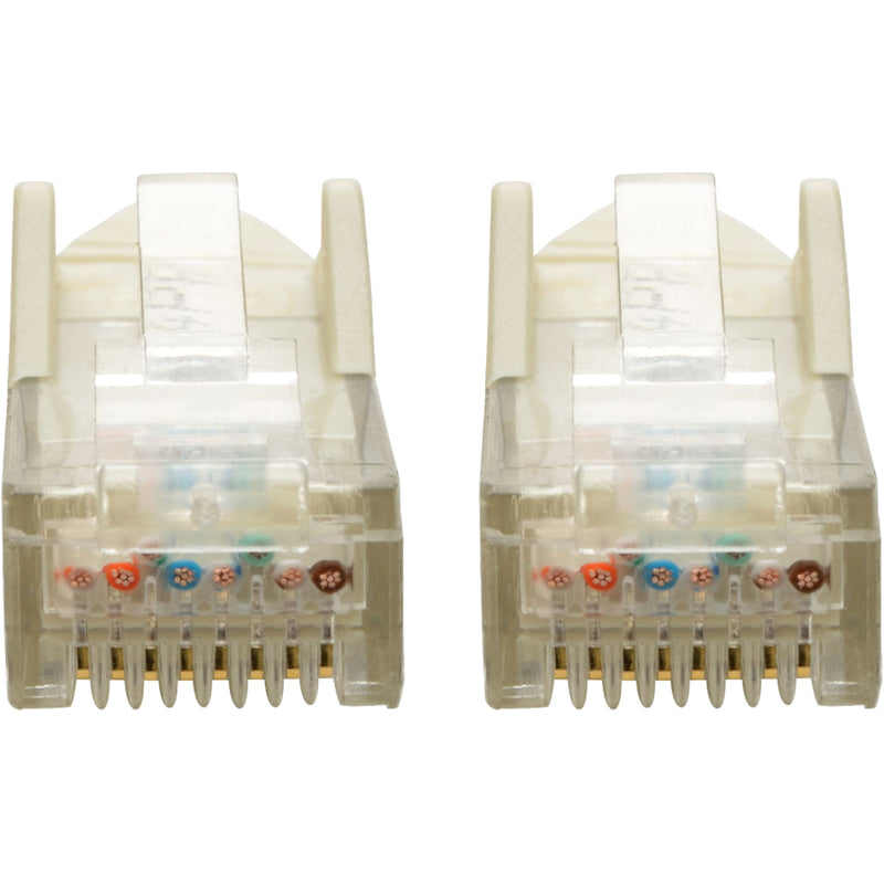 Detailed view of Cat6 cable RJ45 connector pins showing internal wiring and contact arrangement