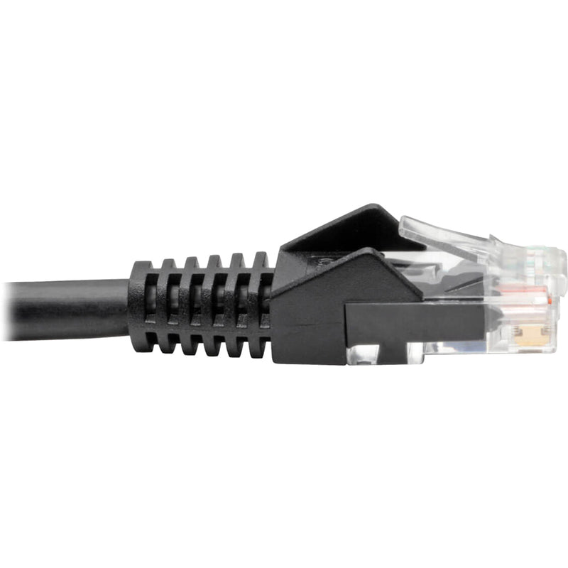 Detailed view of Cat6 cable strain relief system and connector joint