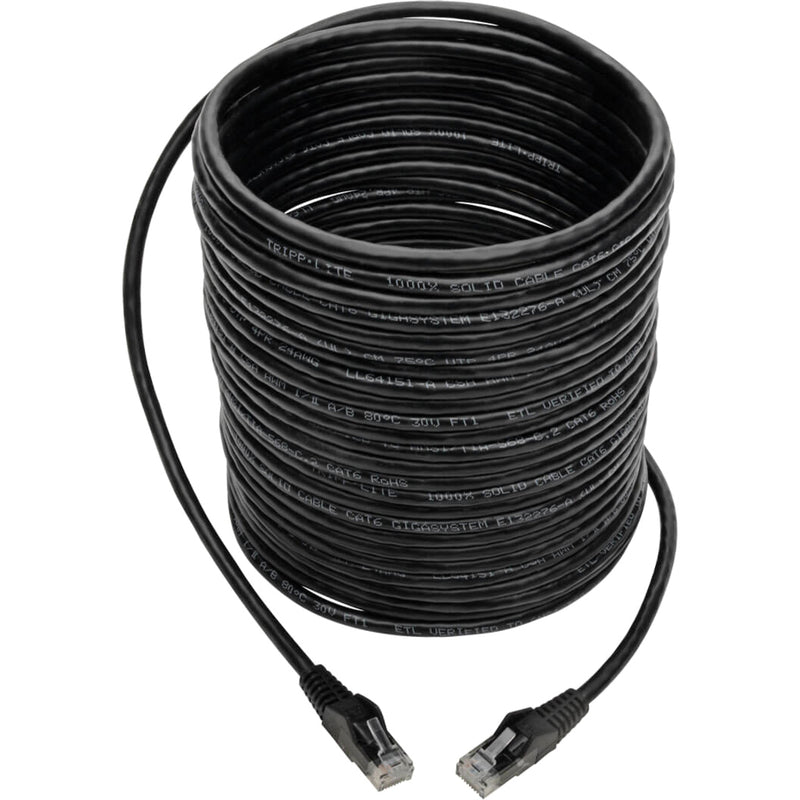 Coiled black Cat6 network cable showing length and flexibility